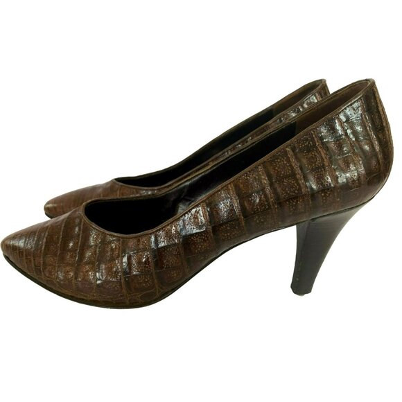 Vintage YSL Yves Saint Laurent Shoes Heels Crocodile Leather Brown Size 9 Italy - Picture 4 of 10